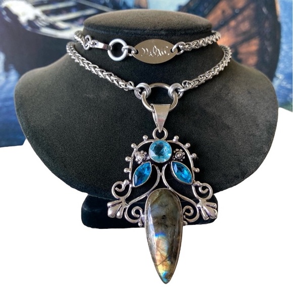 925 Sterling silver overlay natural labradorite sapphire aquamarine necklace - Picture 15 of 16